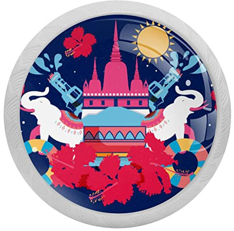 Weiße Schrankknäufe für Küche, rund, Songkran, Thai-Festival, Elefant, Wasserpistolen, Knöpfe für Kommoden, Schubladen, fluoreszierender Sensor, Schranktürknauf, Schubladengriffe