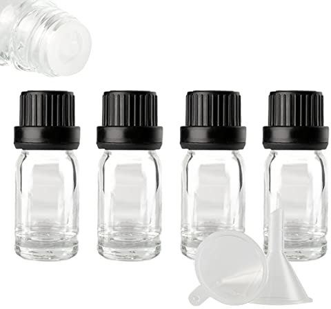 ZEOABSY 4 Pcs 10ml Transparent Glass Dropper Bottle with Tamper Evident Black Dripper Cap for Essential Oils Fragrances Aromatherapy Cosmetic Travel Bottles Vials