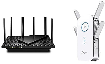 TP-Link Archer AX73 Wi-Fi 6 Gigabit WLAN Router (4804 Mbit/s 5 GHz, 574 Mbit/s 2,4 GHz) schwarz & RE655 WLAN Verstärker Repeater AC2600 (Dual-WLAN AC + N, 1733 MBit/s 5GHz + 800MBit/s 2,4GHz)