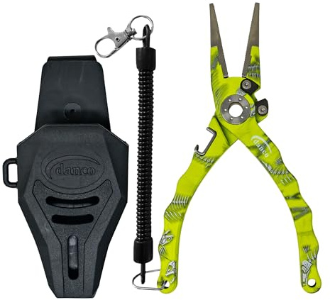 danco Duffy 7.5-inch Fishing Needle Nose Pliers with Line Cutters, Aircraft Grade Aluminum Fishing Gear, Saltwater Resistant Fishing Tools, Rubberized Pain (Chartreuse Fish Skeleton)