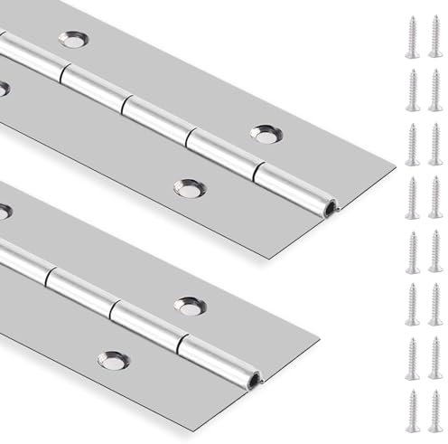 2PCS Heavy Duty Piano Hinge 12 Inch Continuous & Piano Hinges with Screws, Stainless Steel Piano Hinge for Cabinet, Door, DIY Wood Boxes, 0.047 Leaf Thickness, 2” Open Width