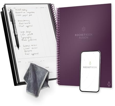 Rocketbook Fusion wiederverwendbarer undatierter Produktivitätsplaner, Briefgröße 21,6 x 28,9 cm, Pflaume – Ziele, Monats- und Wochenkalender, tägliche To-Do-Liste, linierte und gepunktete Notizseiten