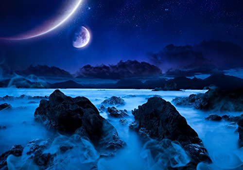 wandmotiv24 Fototapete Landschaft der Küste in der Nacht, XL 350 x 245 cm - 7 Teile, Wanddeko, Wandbild, Wandtapete, See, Nachthimmel, Mond M0696