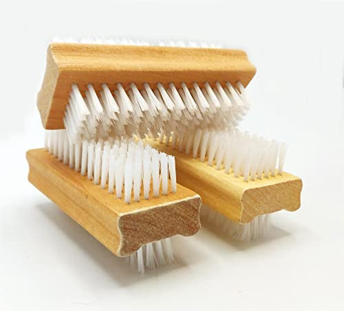 Wooden Nail Cleaning Brushes Double-Sided Fingernail Scrubber Manicure Pedicure Cleaning Hands Feet Flexible Bristles Curved Handle [Set of 3]