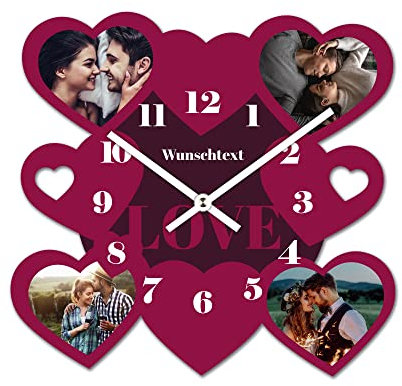 PhotoFancy® - Fotouhr aus Kunststoff - Uhr mit Foto Bedrucken - Wanduhr mit eigenen Fotos gestalten - 26 cm - Zeiger Weiß - Layout Herzen