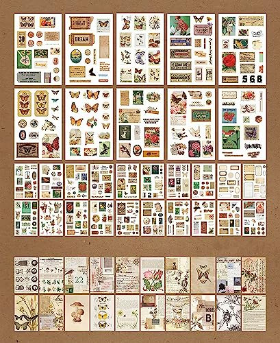 Shulian 30 Blatt 600+ Stück Scrapbook Sticker Set mit Vorschnitt, Fotoalbum Aufkleber, Vintage Illustration Blumen Pflanzen und 20 Blatt Scrapbook Papier