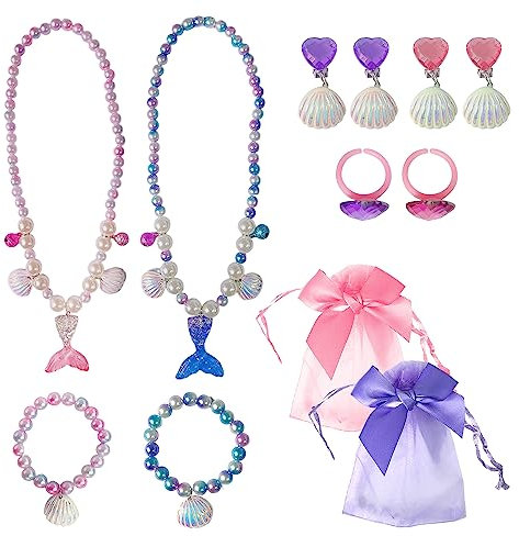 Lot de 2 pièces pour filles en forme de sirène, bracelet et boucles d'oreilles, lot de 4 pièces, décoration de perles, cadeau d'anniversaire avec 2 rubans