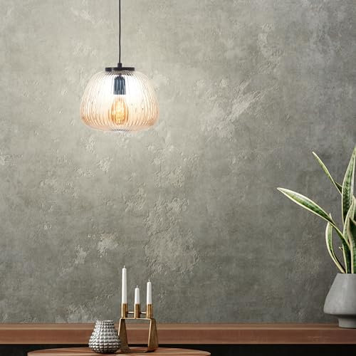 Lightbox Retro Hängelampe | 176 cm Höhe, Ø 25 cm | Pendelleuchte mit bernsteinfarbenen Riffelglas Lampen-Schirmen | kürzbar | E27 | aus Metall/geriffeltem Glas | in Amber-Bernsteinfarben/Matt Schwarz
