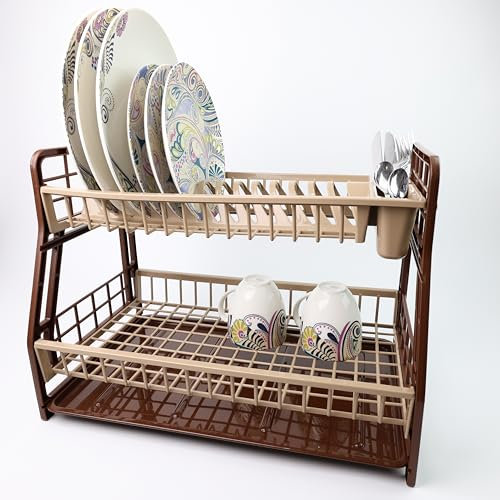 DIVCHI 2-Tier Dish Drying Rack Large Capacity Plastic Dish Drainer, Utensil Holder, Drain board - Kitchen Counter, Over Sink Organizer for Plates, Bowls, Cups (Brown)