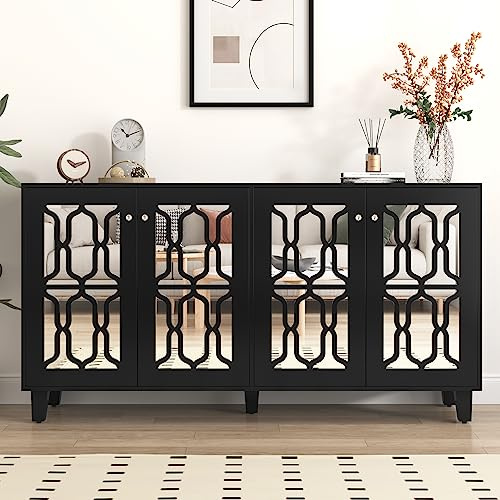 Kehun Sideboard Schwarz für Wohnzimmer und Esszimmer, Kommode Schrank Buffetschrank 160 x 40 x 84 cm mit 4 Türen und Beweglichem Laminat, Schwarz