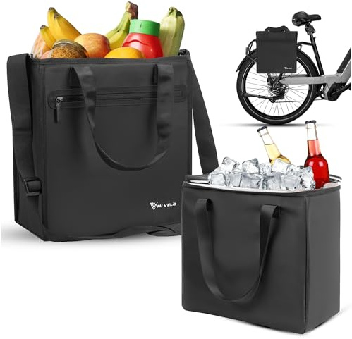 MIVELO Fahrradtasche für Gepäckträger – Einkaufstasche Fahrrad Shopper – Gepäckträgertasche inkl. herausnehmbarer Kühltasche – Packtasche, Tragetasche & Umhängetasche 25Liter (Schwarz)
