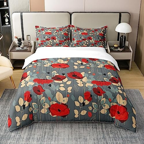Loussiesd Mohnblume 100% Baumwolle Bettwäsche Set 135x200cm Blumenblume Bltanical Betten Set für Mädchen Frauen, Super Rot Mohn Bettbezug Set Beige Grau Bettwäsche