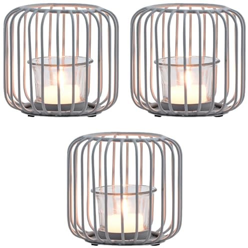 3er Set Skandinavisches Windlicht Cibolo edel aus Metall in Grau 11 cm