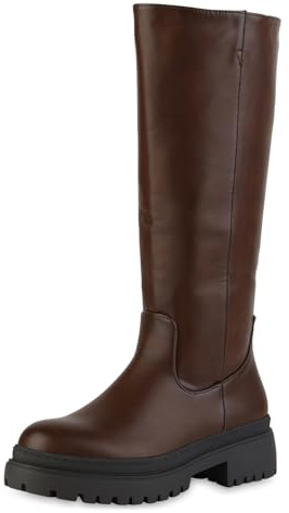 VAN HILL Damen Plateaustiefel Blockabsatz Plateau Vorne Trendy Schuhe 216074 Braun 37