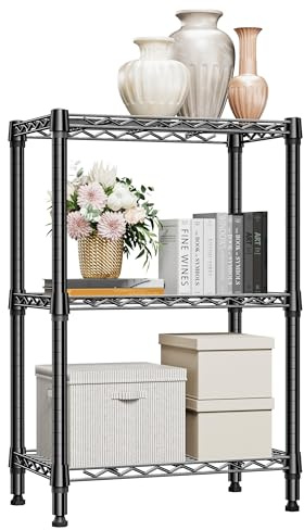 M MZG 3-stufiges Metallregal, Regal bis 340.5 kg, stabiles Aufbewahrungsregal für Küche, Keller, Abstellraum, Vorratsraum und Hobbyraum, Schwarz, 35×60×90.2 cm