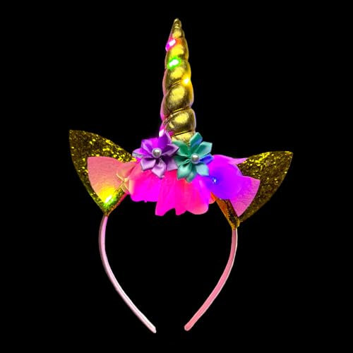 BF Souvenirs Serre-tête licorne à LED - Licorne dorée - Multicolore - Clignotant - Pour anniversaire d'enfant, fête, princesse, fête d'enfant, carnaval (doré)