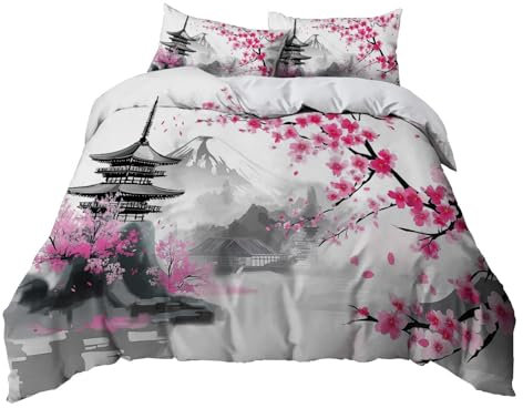 Sets de Housse de Couettes 260x240 cm avec 2 Taies d'Oreillers Architecture Japonaise en Fleurs de Cerisier Parure de lit pour 2 Personnes, 3-pièces Peinture à L'Encre Parure de Lit Doux pour Enfant