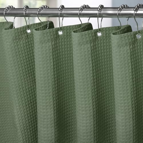 Waffel Duschvorhang mit Metall Duschvorhangringe Stoff Textil Badewannenvorhang Anti Schimmel Bad Vorhang Set Wasserdicht Badewanne Vorhang Schwerer Shower Curtain Badezimmer - 182 x 198cm (Grün)