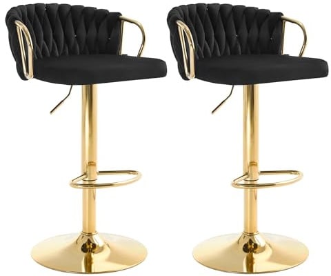 WOLTU Barhocker 2er Set, mit geflochtener Lehne, Samtstuhl, Schwarz | Barstuhl höhenverstellbar, 360° drehbar, Küchenhocker mit Fußstütze, Metallrahmen, für Küche Hausbar