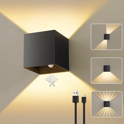 NIBSHOOM Akku Wandleuchte Innen Mit Bewegungsmelder,3000K LED Wandlampe Akku Einstellbar Strahlform,Wandleuchte USB Aufladbar Kabellos Dimmbar Schwarz Aluminium für Schlafzimmer Wohnzimmer