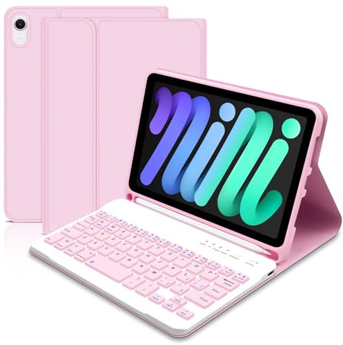 Lielax Keyboard Case for iPad Mini 7 (A7 Pro), Case with Keyboard for iPad mini A17 Pro (2024/2021), Detachable Bluetooth Keyboard and Pencil Holder for ipad mini 7th/6th Gen, Pink