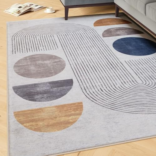Machine Washable Grey Geometric Cotton Rugs Wabi Sabi Pattern Stain Resistant Liquid Repellent Living Area Bedroom Rug 200cm x 290cm (6ft 7 x 9ft 6)