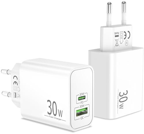 Chargeur USB C, 30W Adaptateur 2-Port PD+QC Chargeur Rapide Multiple avec USB-C/A Prise pour iPhone 16 15 Pro Max/Pro/Plus/16e, iPad, Samsung Galaxy S25/S24/S23/S22, Google Pixel 9/8/7