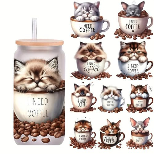 5pcs Cat and Coffee UV DTF Cup Wraps Transfer Waterproof Sticker for Glass Cups Furniture Craft DIY Crafts，Rub on Transfer Stickers for DIY Water Bottle Laptop Decal Wood Car