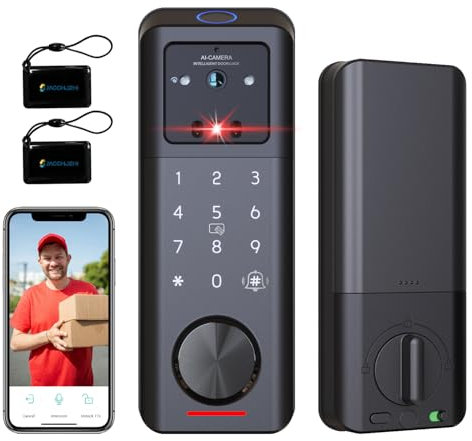 Jacchozhi 3D Face Recognition Door Lock, Fingerprint Smart Lock with Camera, Built-in WiFi, Video Doorbell, Keyless Entry Digital Keypad Deadbolt for Front Door, Auto Lock, Waterproof, Black