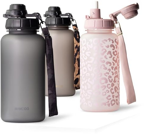 MAMEIDO Water Bottle with Straw & Time Markings 1 l, Leakproof Tritan Sports Water Bottle, Drinks Bottle BPA-free, Gym Water Bottle (Carbon Grey)