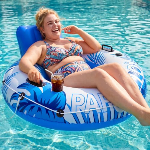 Flotadores de piscina para adultos, 53 pulgadas, 450 libras, tubos de río resistentes para flotar, resistentes con cuerda de agarre para reposacabezas, 2 portavasos y asiento de malla doble sellado
