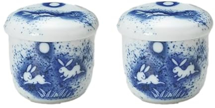 Japanese Chawan-mushi Cups with Lid and Spoon Mino Ware Rabbits pattern Blue and White, Set of 2 TG16724 from Japan