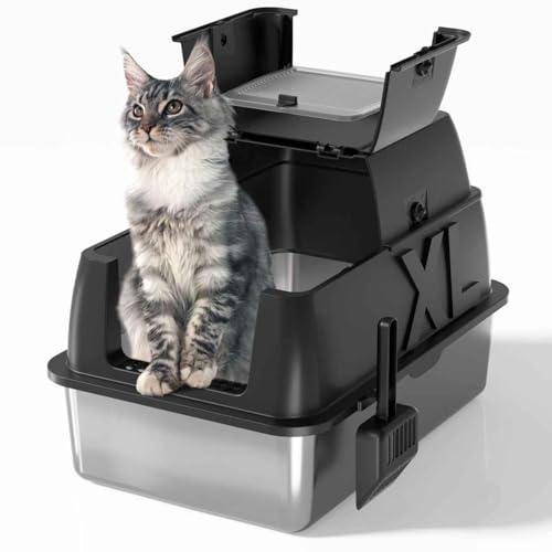 Stainless Steel Cat Litter Box, Extra Large Litter Box for Big Cats XL Metal Litter Pan Tray with High Wall Sides Enclosure, Non-Sticky, Anti-Leakage (Black, 24L x 16W x 18H)