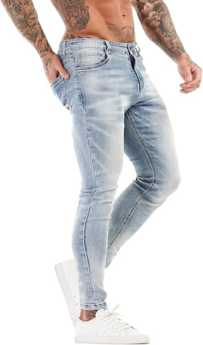 GINGTTO Jean Homme Slim Pantalon Stretch Jegging Denim Pants Bleu 32