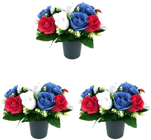 Pack Of 3 Red White Blue Rose Grave Flower Pots | 25cm Grave Flower Pots | Artificial Flowers For Graves | Cemetery Funeral & Floral Decorations | Grave Flowers | New Improved Design & Quality