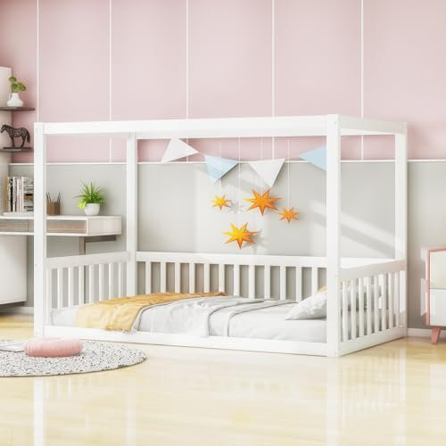 Kinderbett Bodenbett 90x200 cm, Montessori Bett Bed mit Rausfallschutz, Gitterbett Kinder Jugendbett Einzelbett Holzbett Bettgestell Himmelbett Spielbett, Kiefernholz, Ohne Matratze&Lattenrost, Weiß