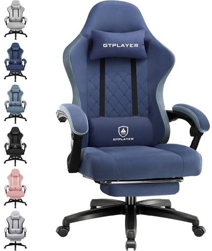 LUCKRACER Gaming Stuhl aus Stoff, Computer Bürostuhl mit Fußstütze, Racing Gamer Stuhl 150kg Belastbarkeit, 90-135° Rückenlehne einstellbar Ergonomischer PC Stuhl, 360° drehbar, Dunkelblau
