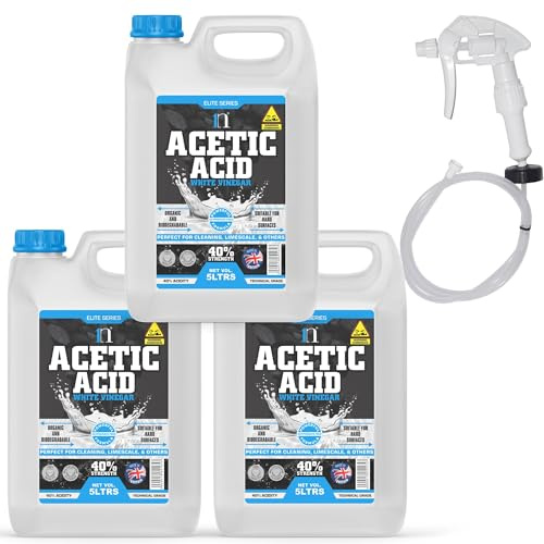White Vinegar 5L Acetic Acid 40% 8 x Stronger Than Regular Spirit White Vinegar Cleaning for Sanitising & Cleaning - Deodorises & Removes Grime Descaler with Long Hose Trigger (15 Litre)