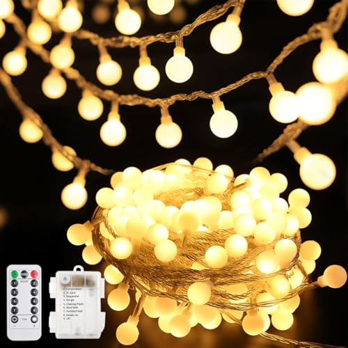 LED Lichterketten Globe Außen,15M 100 LED Lichterkette Kugeln,Warmweiß Kugel Batteriebetriebene Lichterkette,Globe Lichterketten Innen Außen,Batteriebetriebene Lichterketten mit Timer IP65 Wasserdicht