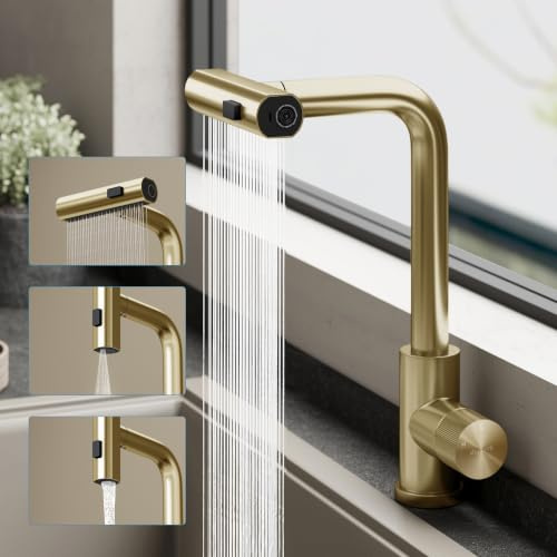 doporro Wasserhahn Küche ausziehbar, Küchenarmatur Gold mit Wasserfall | Hochdruck Armatur Küche mit Brause, 3 Strahlarten, 360 Grad drehbar, Spültischarmatur Küche aus 304 Edelstahl Turnix-02