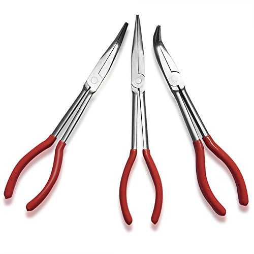 NUZAMAS Set di 3 pinze extra lunghe Reach Set 11 (28cm) Straight 45 gradi 90 gradi Bent Nose Mechanics Hand Tool Kit di riparazioni domestiche