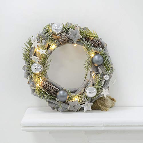 Pre-Lit Wooden Christmas Wreath Decoration 10 LED Lights Rustic Grey Logs Pine Cones Silver Baubles White Stars Battery Operated 23cm