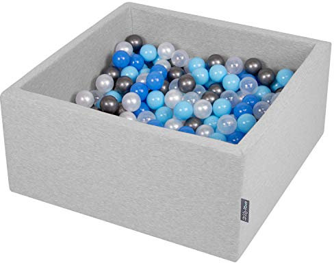 KiddyMoon 90 x 40 cm/200 Bolas de diámetro 7 cm Cuadrado Piscina de Bolas para bebé con Bolas de Colores, Gris Claro: Perla/Azul/bebé Azul/Transparente/Plata