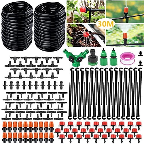 DONGQI Sistema de riego Jardín, 149 PCS Sistema de Riego por Goteo,30M Kit Riego con Ajustable Boquilla Aspersor Pulverizador y Gotero Automatico para Jardin Invernadero Césped Patio Terraza