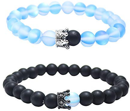 UEUC Paar Distanz Armbänder mit CZ Crown King & Queen Seine Freundschaft Schwarz Matt Achat Stein 8mm