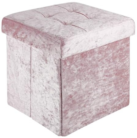 INTIRILIFE Faltbarer Sitzhocker 38x38x38 cm in Samt Rosé - Sitzwürfel mit Stauraum und Deckel mit Samtbezug- Sitzcube Fußablage Aufbewahrungsbox Truhe Sitzbank