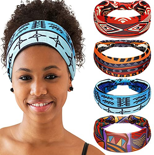 4 Stücke Afrikanisches Breites Stirnband Boho Stirnband für Frauen Afrikanische Stirnbänder Damen Stirnband Geknotete Elastische Haarbänder Kreuz Haarwickel Haarschmuck (Schicke Serie)