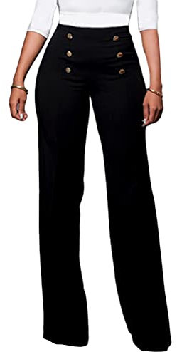 ORANDESIGNE Evasé Pantalons Femme Sexy Pantalon Évasé Couleur Unie Elastique Pants Taille Haute Boutons Croisés Pantalon Large Droit Élégant l'été Ville A Noir M