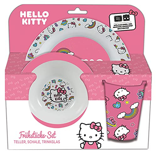 p:os Hello Kitty Frühstücksset, 3-teiliges Geschirrset mit Teller, Schüssel und Trinkbecher, Kindergeschirr aus Kunststoff, spülmaschinen-/mikrowellengeeignet
