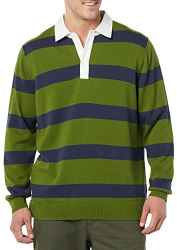 Amazon Essentials Herren Rugby-Pullover, Olivgrün Streifen, L